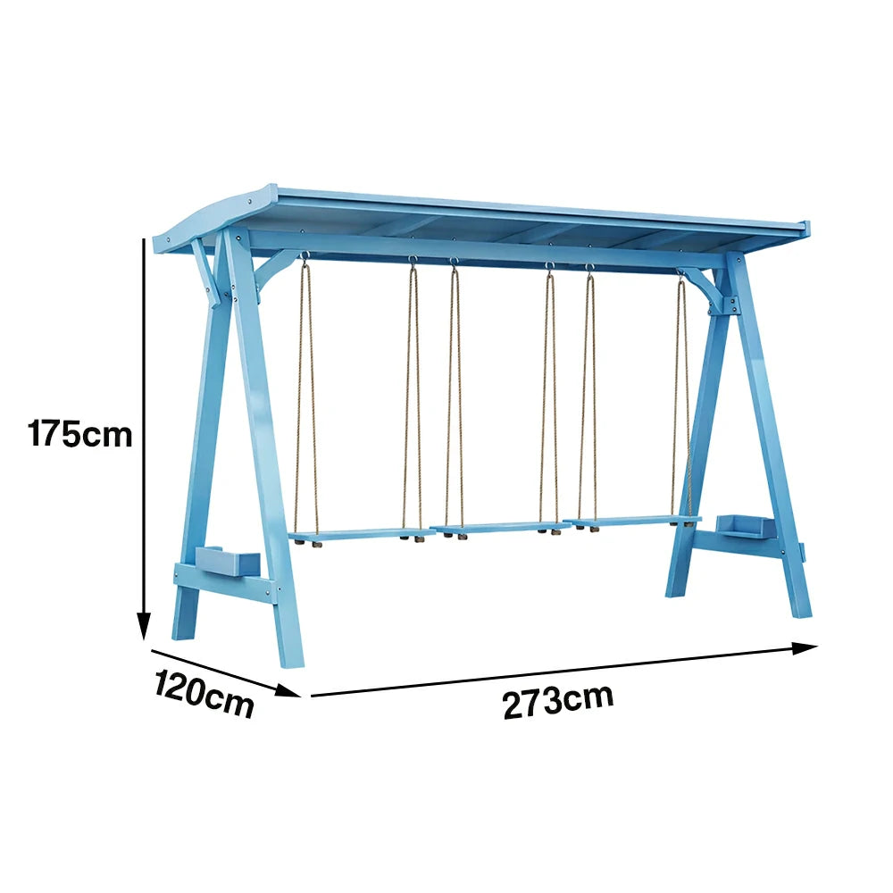 SOLARA 210/273cm Outdoor Swing Set with Canopy Triangular Frame Solid Pine Wood ACQ Treated Heavy-Duty Rope - Blue