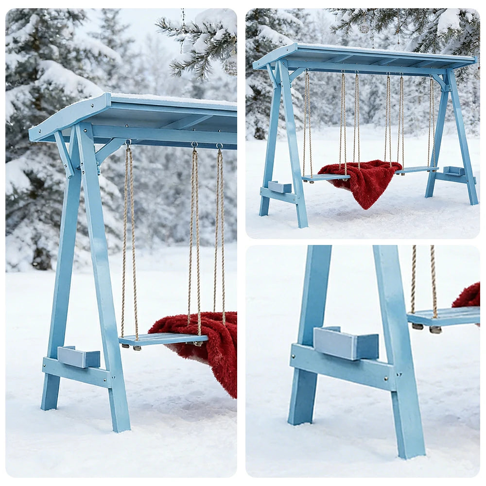 SOLARA 210/273cm Outdoor Swing Set with Canopy Triangular Frame Solid Pine Wood ACQ Treated Heavy-Duty Rope - Blue
