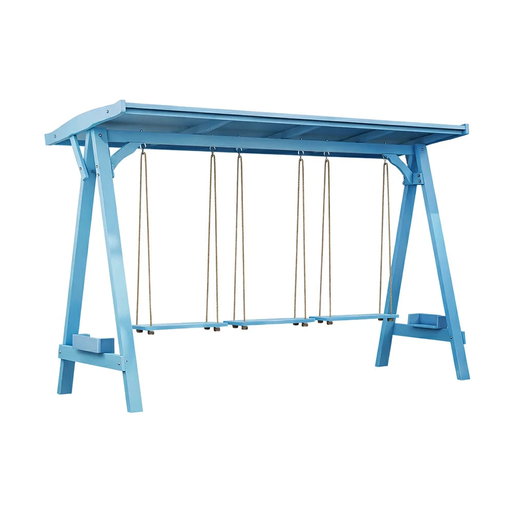 SOLARA 210/273cm Outdoor Swing Set with Canopy Triangular Frame Solid Pine Wood ACQ Treated Heavy-Duty Rope - Blue