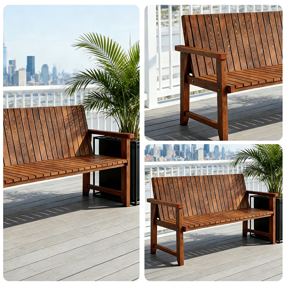 SOLARA 120/150cm Timber Outdoor Bench Seat - Anti-Rot Waterproof Protection - Solid Fir Wood with Reinforced Frame Support - Brown