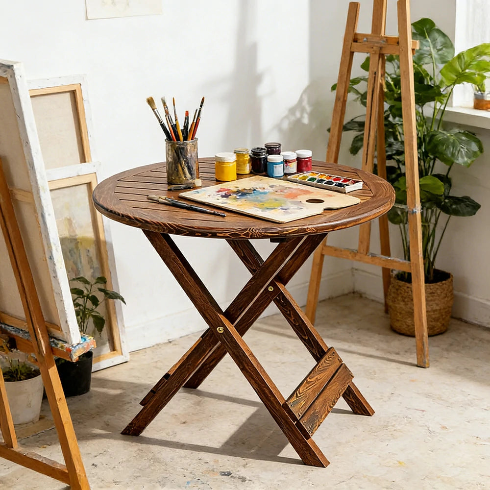 SOLARA Folding Round Table - Waterproof Anti-Rot Solid Timber - Heavy-Duty Portable Space-Saving Design - Brown