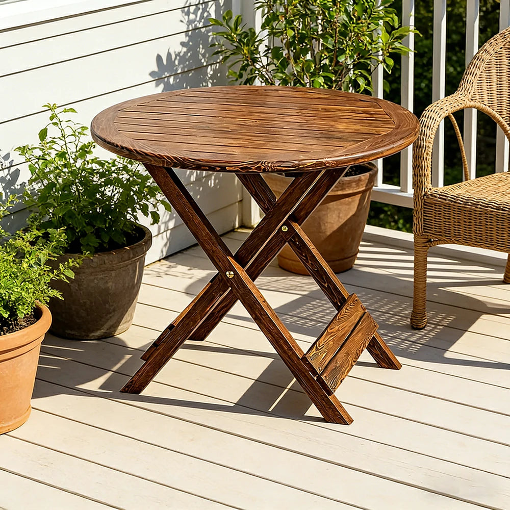 SOLARA Folding Round Table - Waterproof Anti-Rot Solid Timber - Heavy-Duty Portable Space-Saving Design - Brown