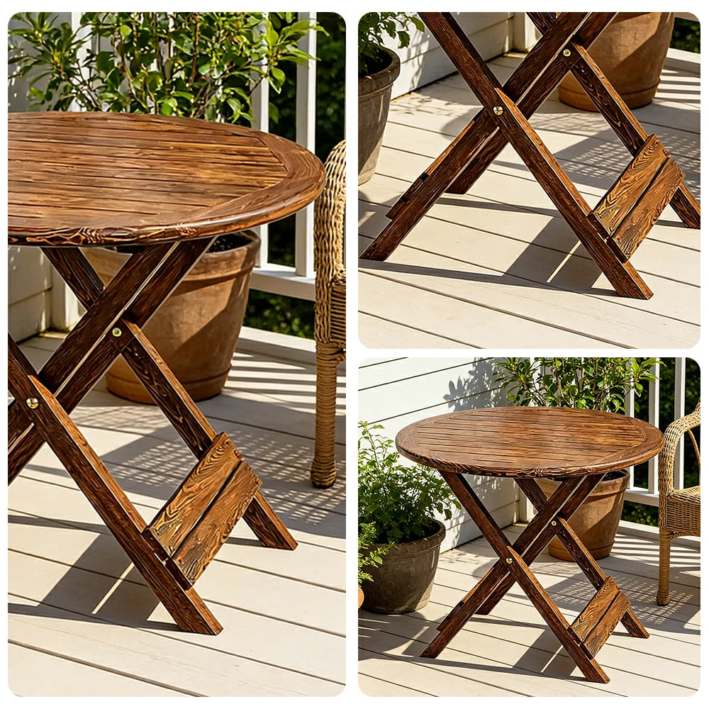 SOLARA Folding Round Table - Waterproof Anti-Rot Solid Timber - Heavy-Duty Portable Space-Saving Design - Brown