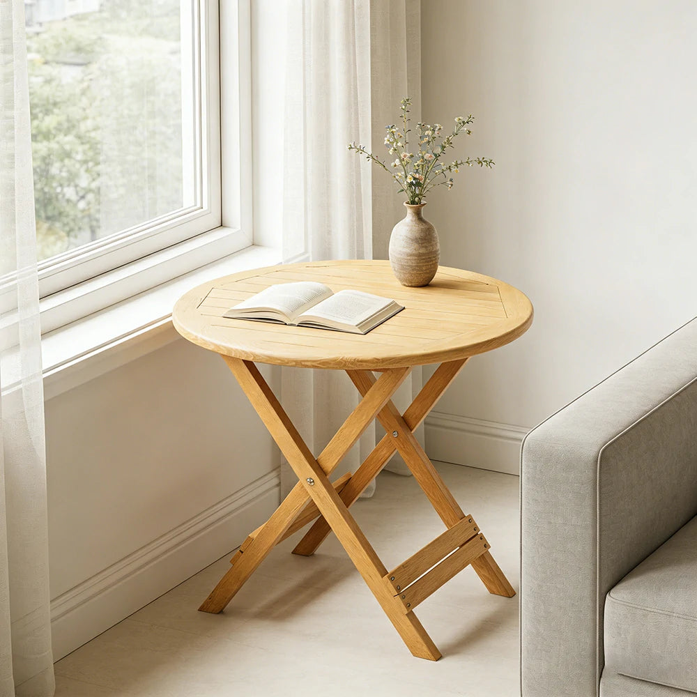 SOLARA Folding Round Table - Waterproof Anti-Rot Solid Timber - Heavy-Duty Portable Space-Saving Design - Yellow