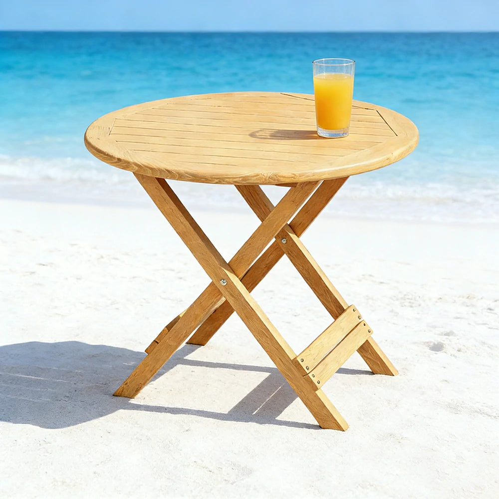 SOLARA Folding Round Table - Waterproof Anti-Rot Solid Timber - Heavy-Duty Portable Space-Saving Design - Yellow