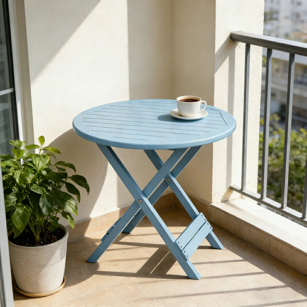 SOLARA Folding Round Table - Waterproof Anti-Rot Solid Timber - Heavy-Duty Portable Space-Saving Design - Blue