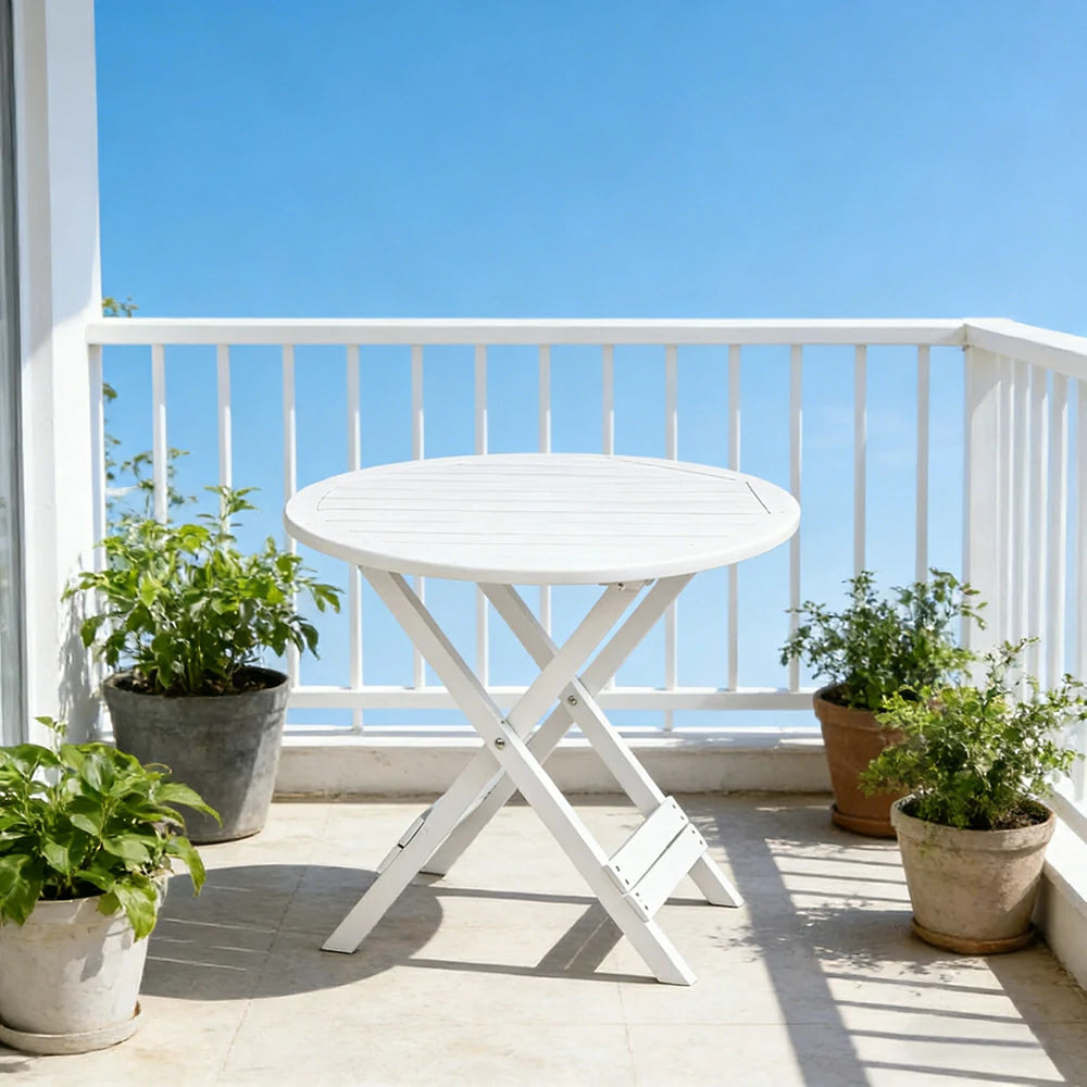 SOLARA Folding Round Table - Waterproof Anti-Rot Solid Timber - Heavy-Duty Portable Space-Saving Design - White