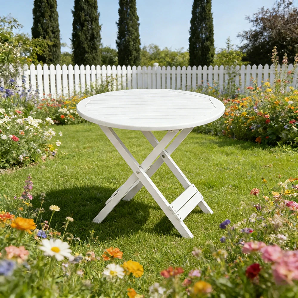 SOLARA Folding Round Table - Waterproof Anti-Rot Solid Timber - Heavy-Duty Portable Space-Saving Design - White