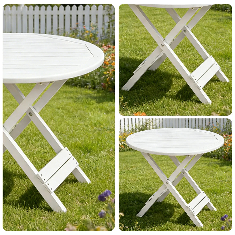 SOLARA Folding Round Table - Waterproof Anti-Rot Solid Timber - Heavy-Duty Portable Space-Saving Design - White