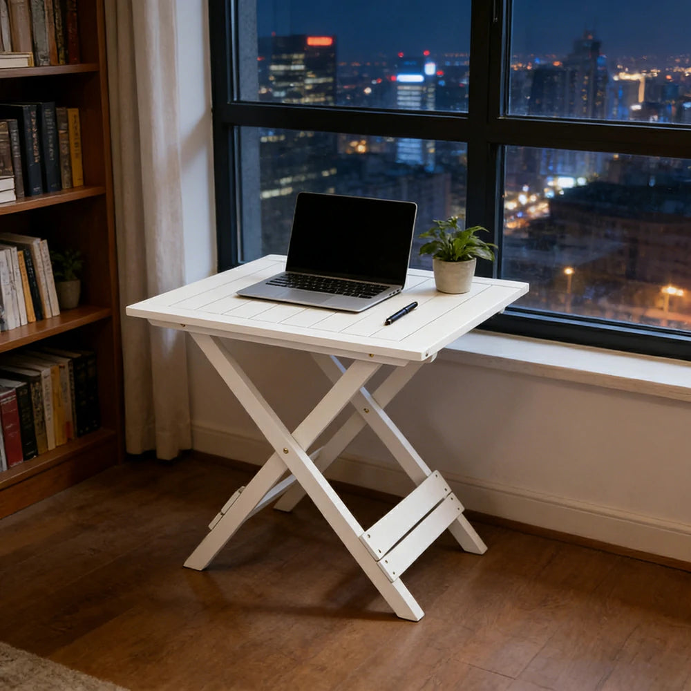 SOLARA Folding Square Table - Waterproof Anti-Rot Solid Timber - Heavy-Duty Portable Space-Saving Design - White