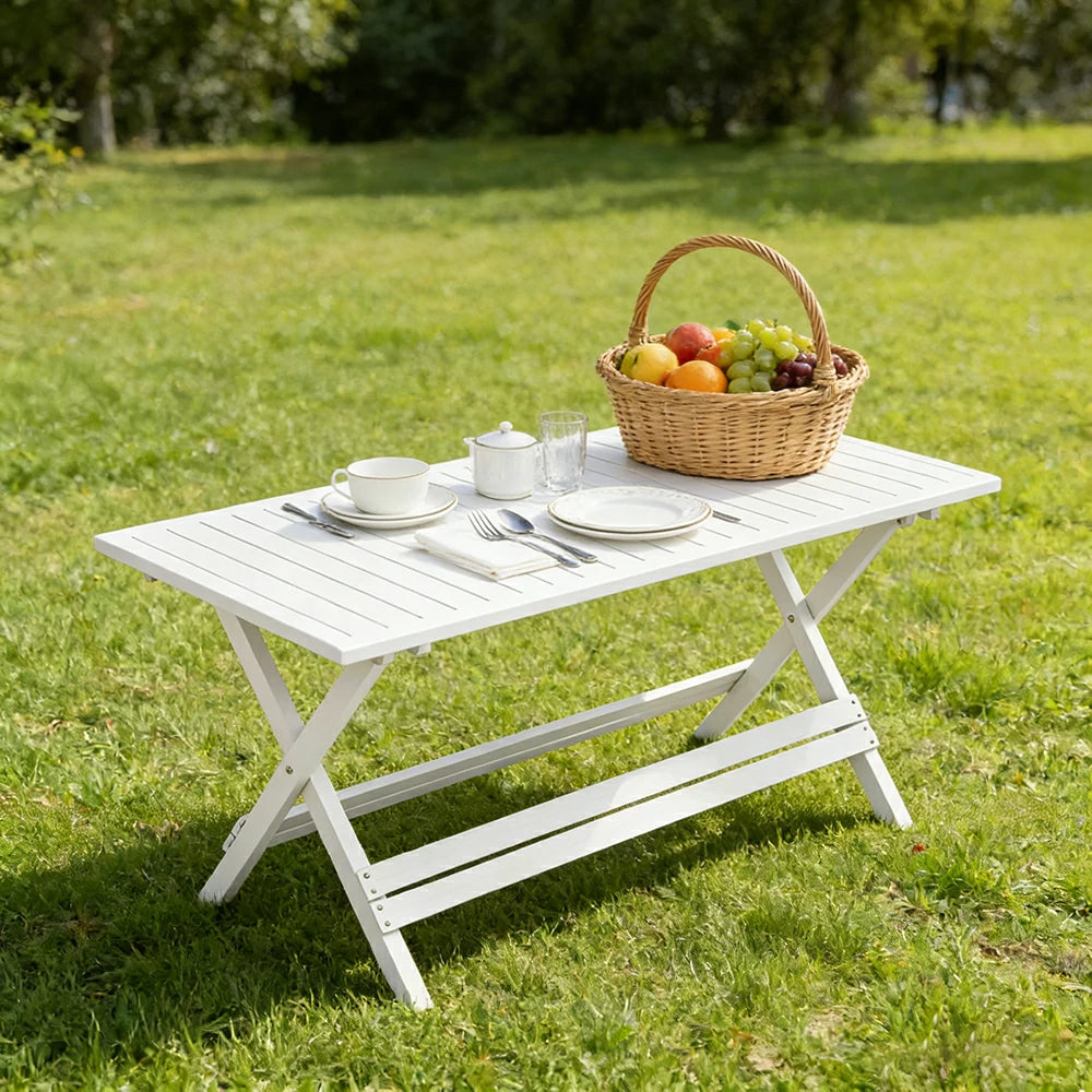 SOLARA Folding Long Table - Waterproof Anti-Rot Solid Timber - Heavy-Duty Portable Space-Saving Design - White