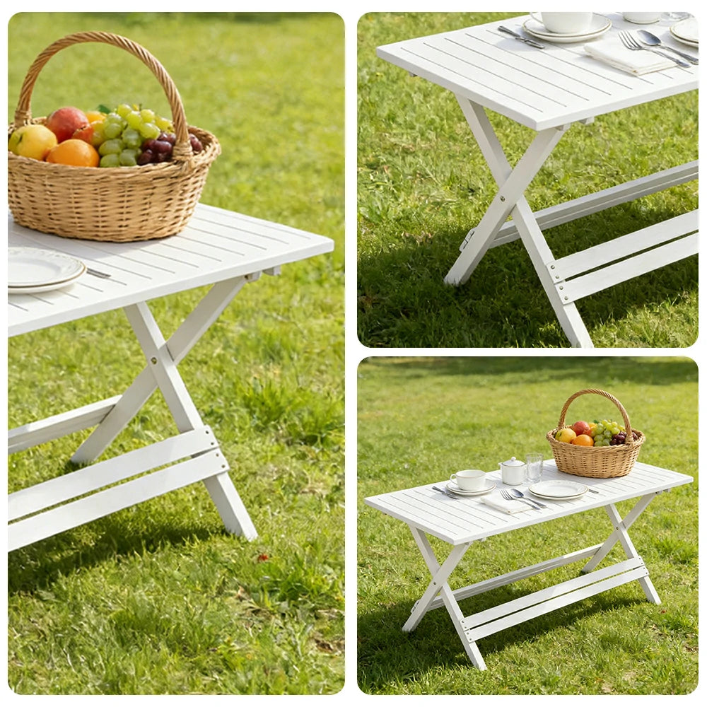 SOLARA Folding Long Table - Waterproof Anti-Rot Solid Timber - Heavy-Duty Portable Space-Saving Design - White