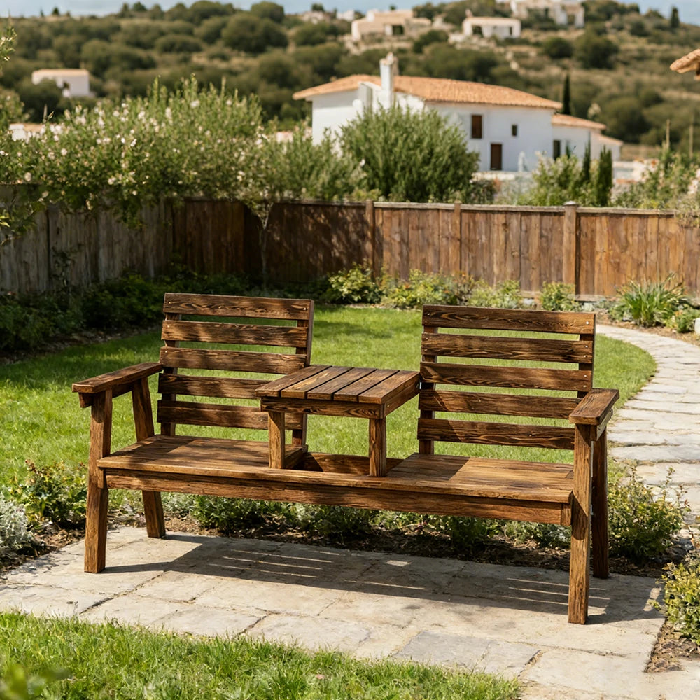SOLARA Solid Wood Two-Seater Bench Chair with Integrated Centre Table - Seamless Full-Panel Timber Design, Thickened Reclined Backrest - Brown