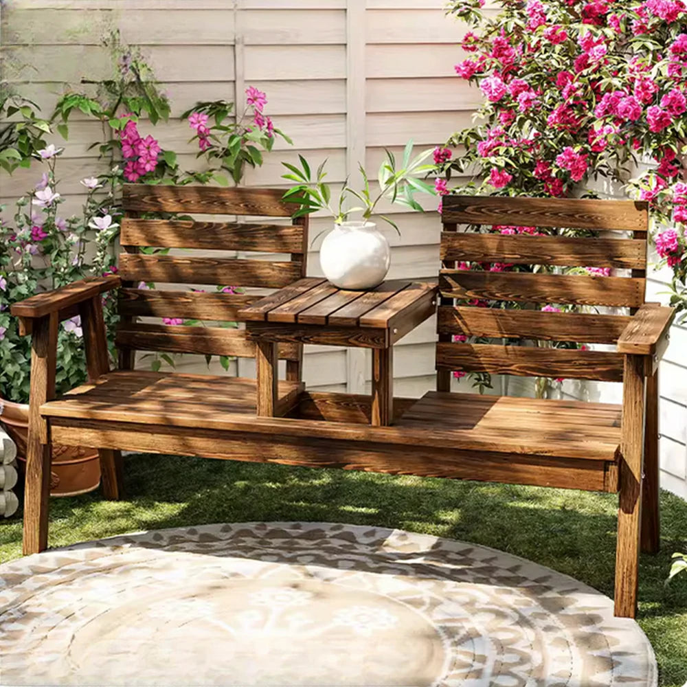 SOLARA Solid Wood Two-Seater Bench Chair with Integrated Centre Table - Seamless Full-Panel Timber Design, Thickened Reclined Backrest - Brown