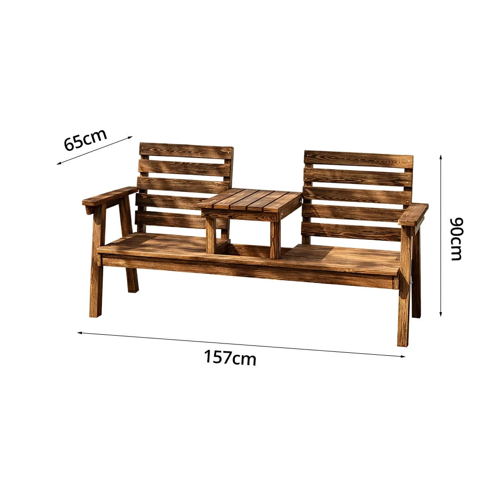 SOLARA Solid Wood Two-Seater Bench Chair with Integrated Centre Table - Seamless Full-Panel Timber Design, Thickened Reclined Backrest - Brown
