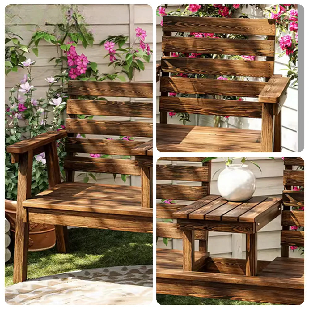 SOLARA Solid Wood Two-Seater Bench Chair with Integrated Centre Table - Seamless Full-Panel Timber Design, Thickened Reclined Backrest - Brown