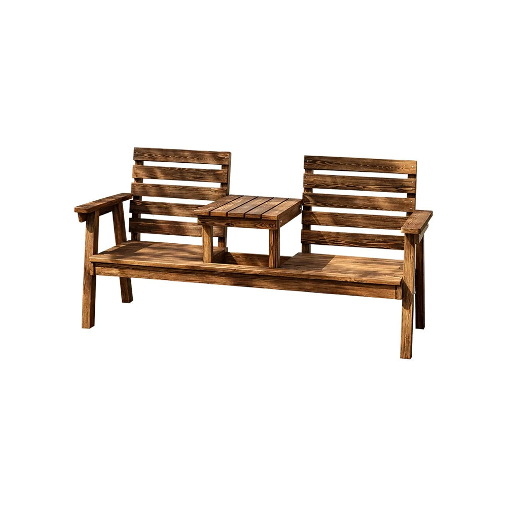 SOLARA Solid Wood Two-Seater Bench Chair with Integrated Centre Table - Seamless Full-Panel Timber Design, Thickened Reclined Backrest - Brown