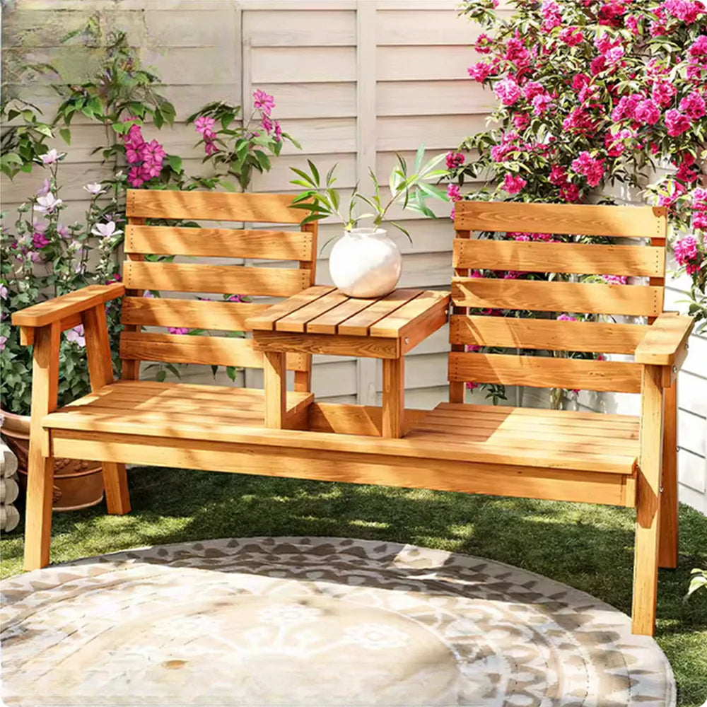 SOLARA Solid Wood Two-Seater Bench Chair with Integrated Centre Table - Seamless Full-Panel Timber Design, Thickened Reclined Backrest - Yellow