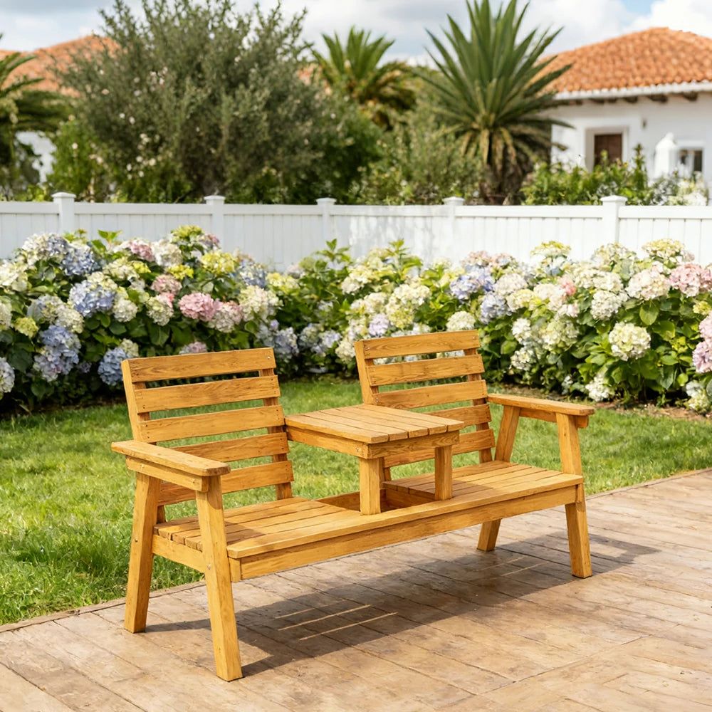 SOLARA Solid Wood Two-Seater Bench Chair with Integrated Centre Table - Seamless Full-Panel Timber Design, Thickened Reclined Backrest - Yellow