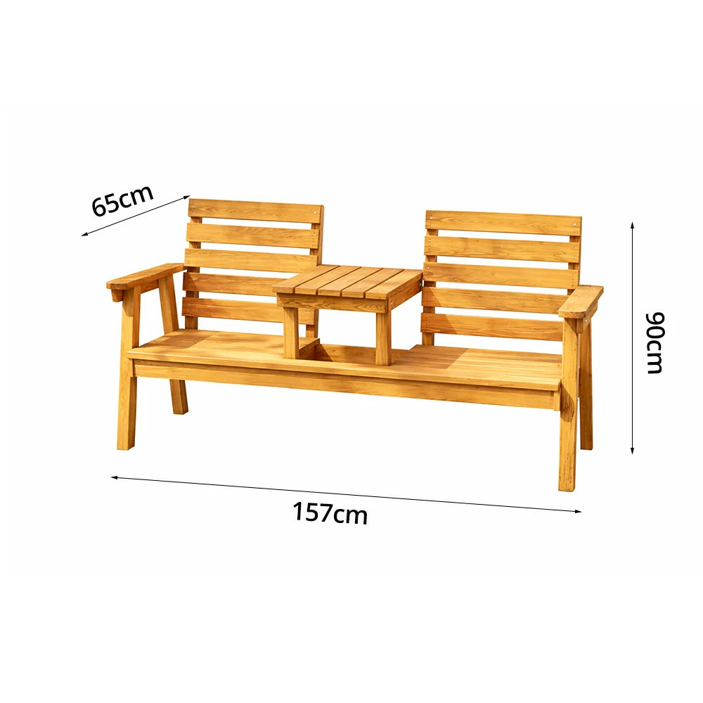 SOLARA Solid Wood Two-Seater Bench Chair with Integrated Centre Table - Seamless Full-Panel Timber Design, Thickened Reclined Backrest - Yellow