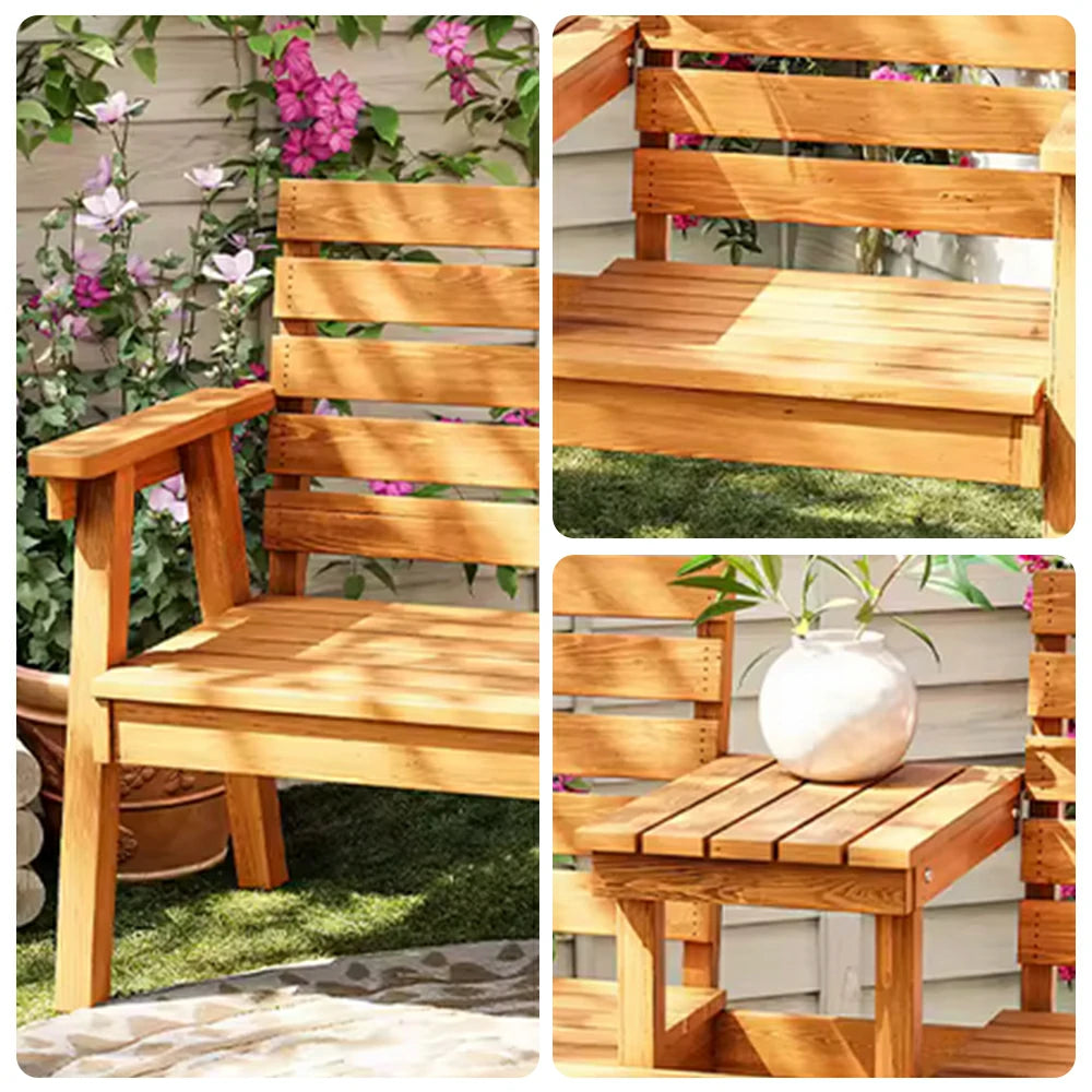 SOLARA Solid Wood Two-Seater Bench Chair with Integrated Centre Table - Seamless Full-Panel Timber Design, Thickened Reclined Backrest - Yellow