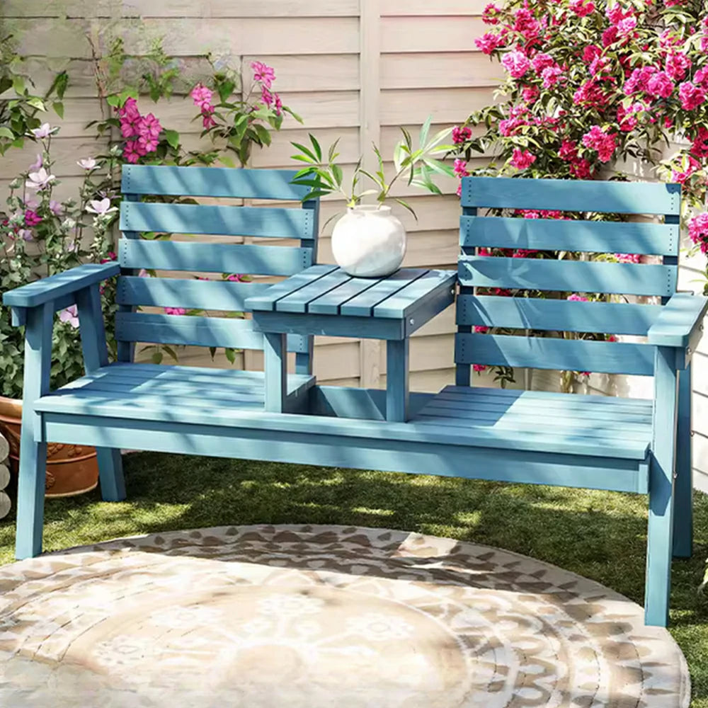 SOLARA Solid Wood Two-Seater Bench Chair with Integrated Centre Table - Seamless Full-Panel Timber Design, Thickened Reclined Backrest - Blue
