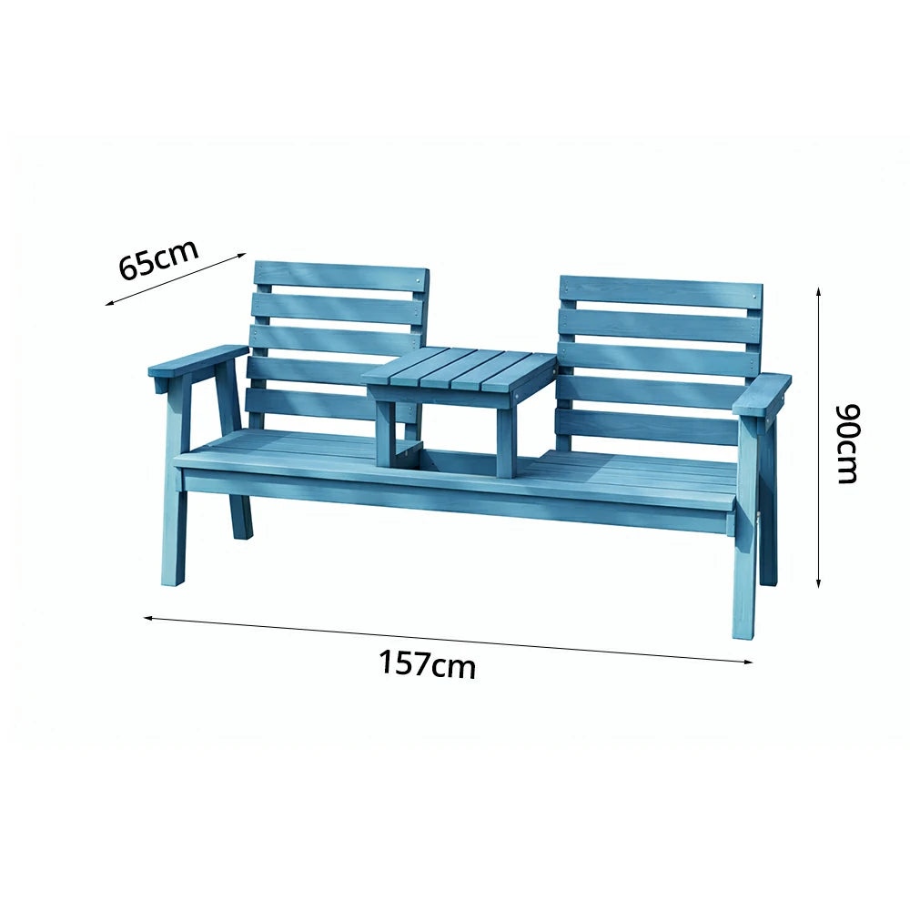 SOLARA Solid Wood Two-Seater Bench Chair with Integrated Centre Table - Seamless Full-Panel Timber Design, Thickened Reclined Backrest - Blue