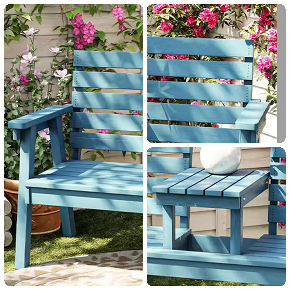 SOLARA Solid Wood Two-Seater Bench Chair with Integrated Centre Table - Seamless Full-Panel Timber Design, Thickened Reclined Backrest - Blue
