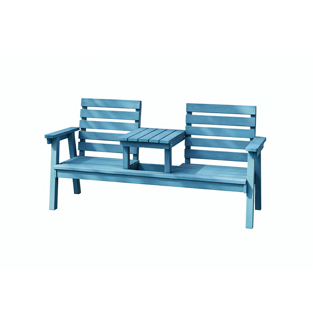 SOLARA Solid Wood Two-Seater Bench Chair with Integrated Centre Table - Seamless Full-Panel Timber Design, Thickened Reclined Backrest - Blue