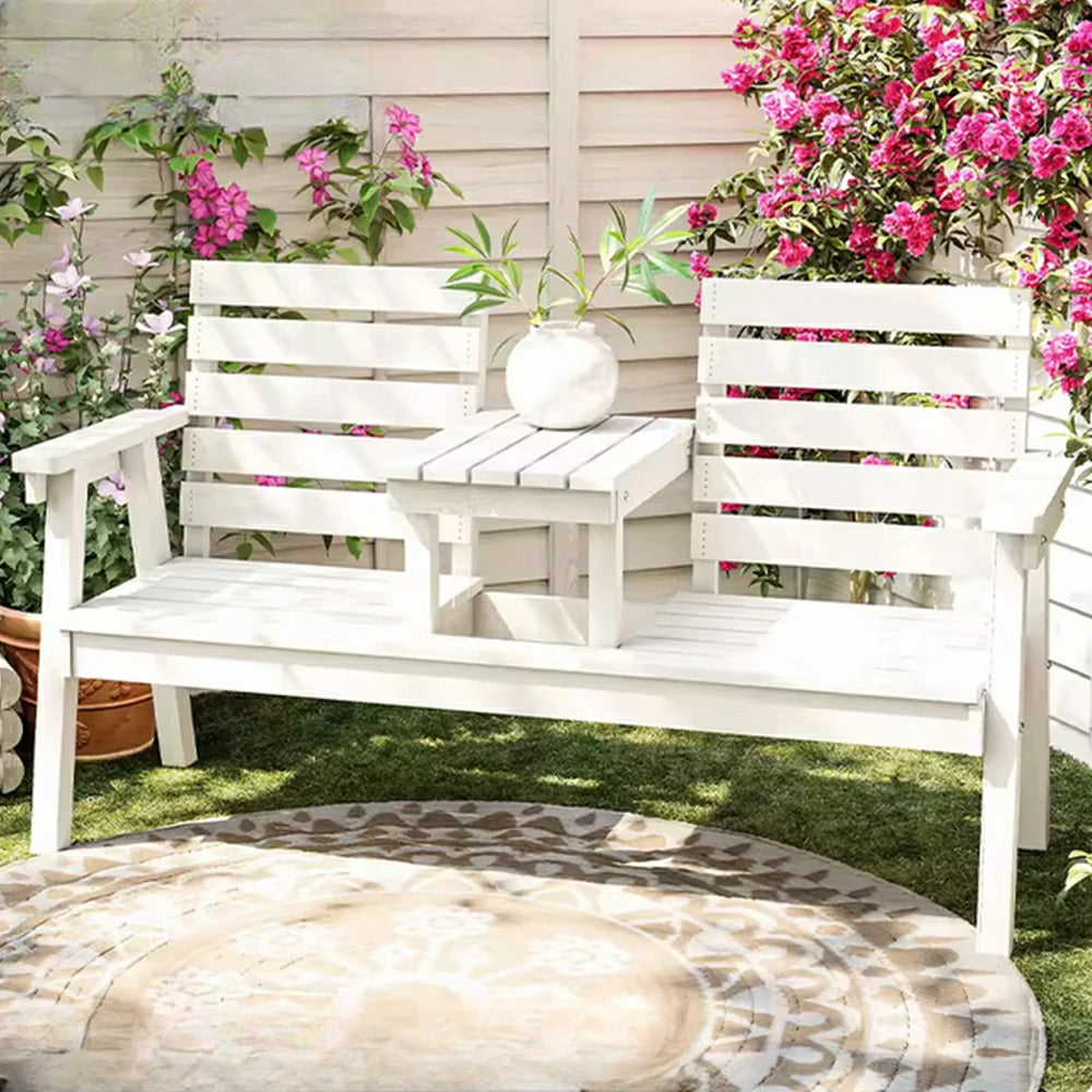 SOLARA Solid Wood Two-Seater Bench Chair with Integrated Centre Table - Seamless Full-Panel Timber Design, Thickened Reclined Backrest - White