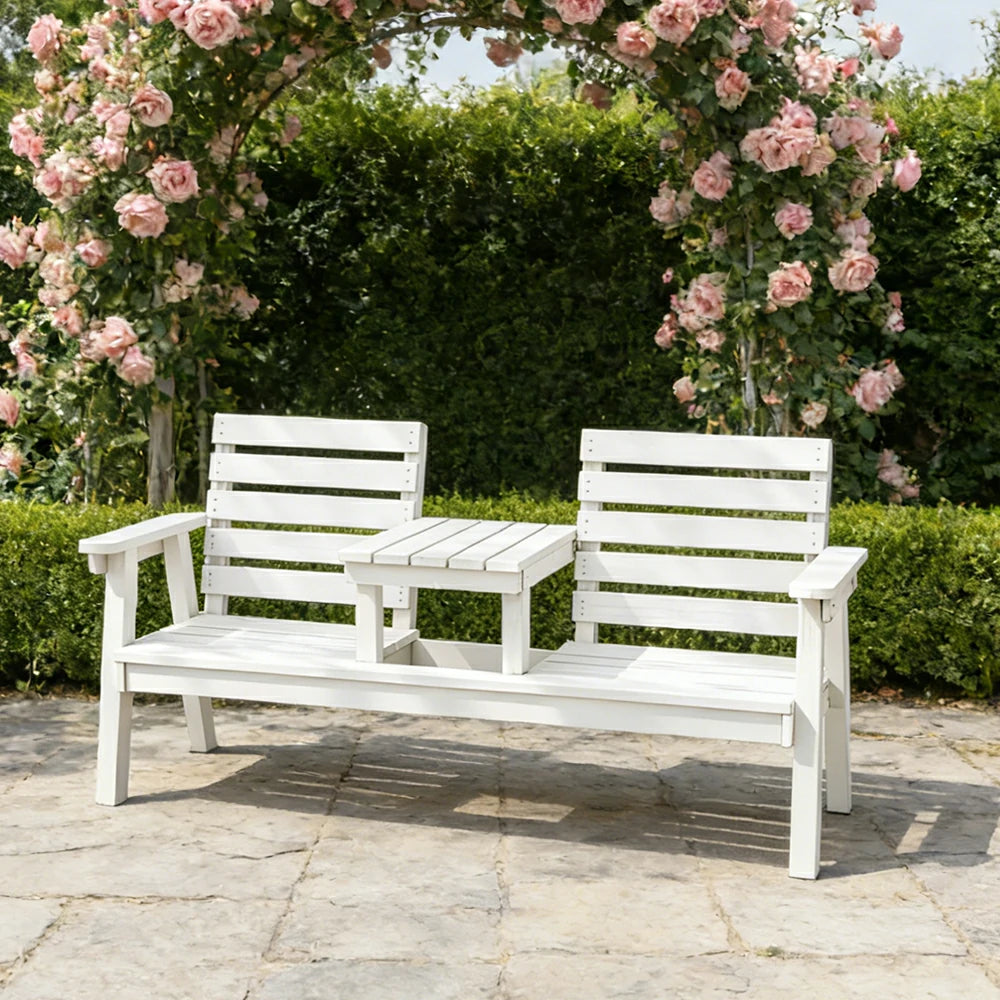 SOLARA Solid Wood Two-Seater Bench Chair with Integrated Centre Table - Seamless Full-Panel Timber Design, Thickened Reclined Backrest - White