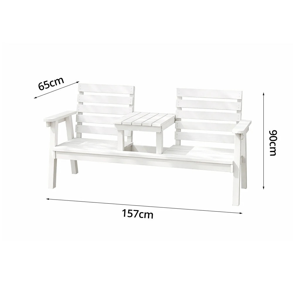 SOLARA Solid Wood Two-Seater Bench Chair with Integrated Centre Table - Seamless Full-Panel Timber Design, Thickened Reclined Backrest - White