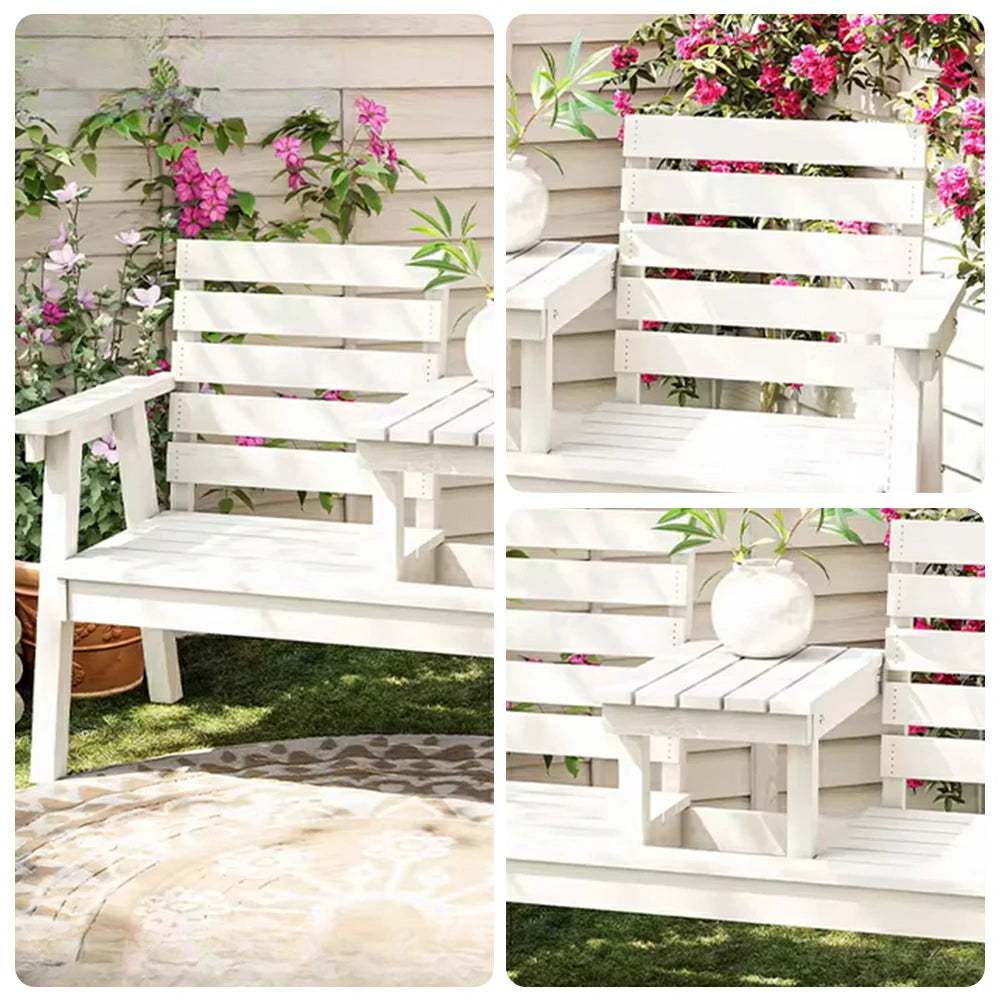 SOLARA Solid Wood Two-Seater Bench Chair with Integrated Centre Table - Seamless Full-Panel Timber Design, Thickened Reclined Backrest - White