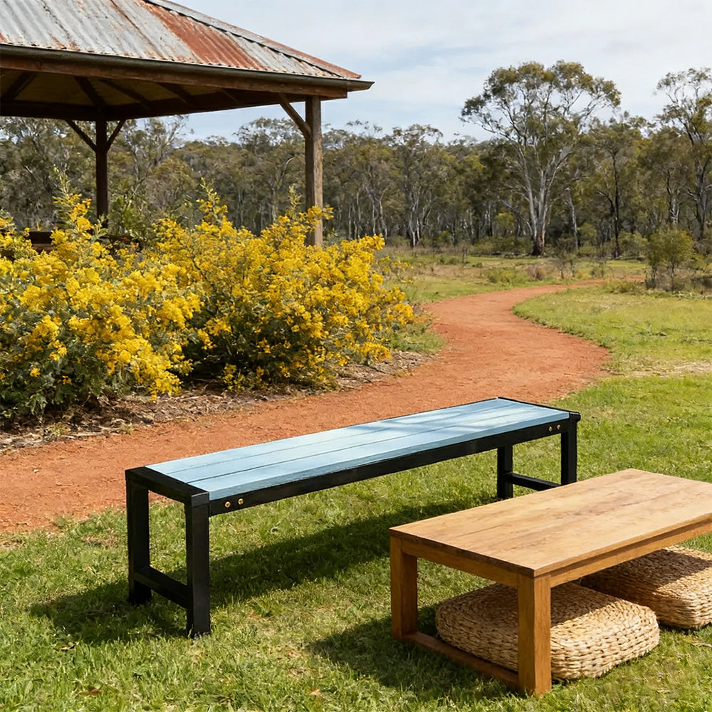 SOLARA 120/150cm Outdoor Bench Seat - Heavy-Duty Cast Aluminium Frame, Solid Timber Slats, Weather-Resistant & Ground-Fixable Design - Blue