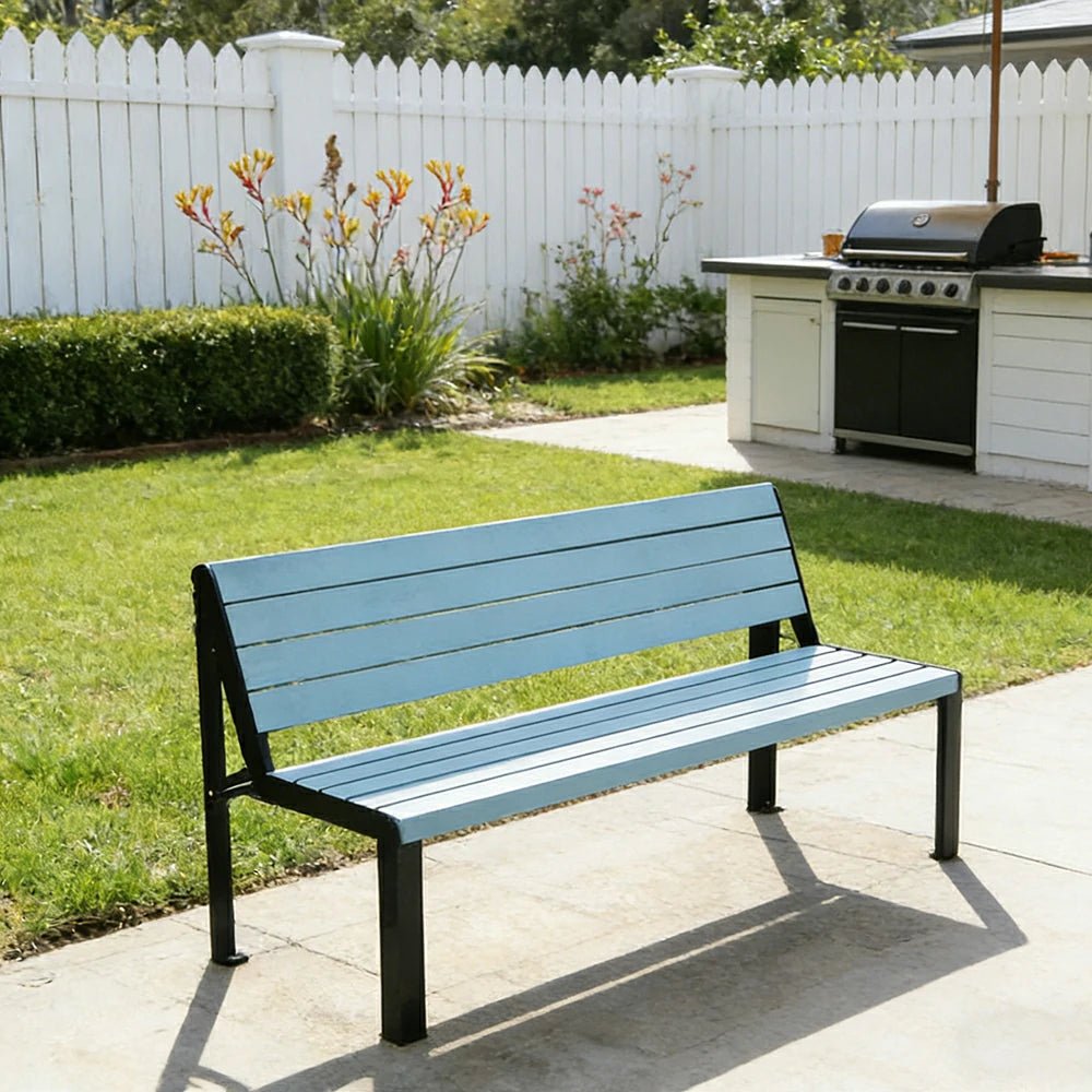 SOLARA 120/150cm Outdoor Bench Seat with Backrest - Heavy-Duty Cast Aluminium Frame, Solid Timber Slats, Weather-Resistant & Ground-Fixable - Blue