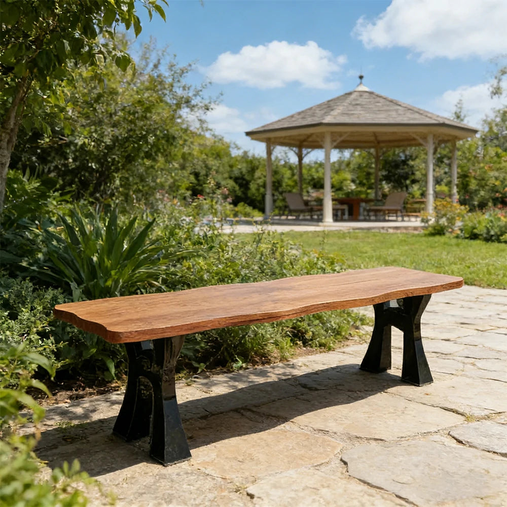 SOLARA 150/180cm Outdoor Garden Bench - Heavy-Duty Cast Iron Frame, Galvanised Support Structure, Adjustable Anti-Slip Legs - Walnut