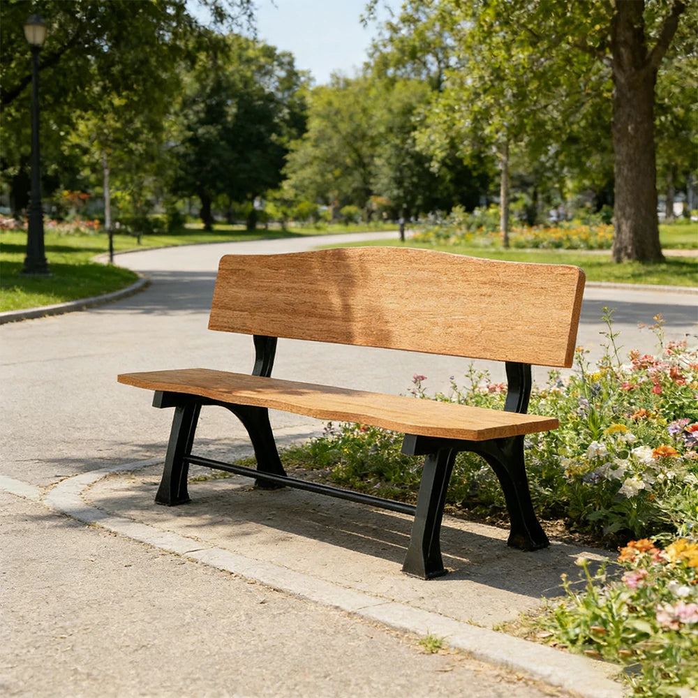SOLARA 150/180cm Outdoor Garden Bench with Backrest - Heavy-Duty Cast Iron Frame, Galvanised Support Structure, Adjustable Anti-Slip Legs - Wood