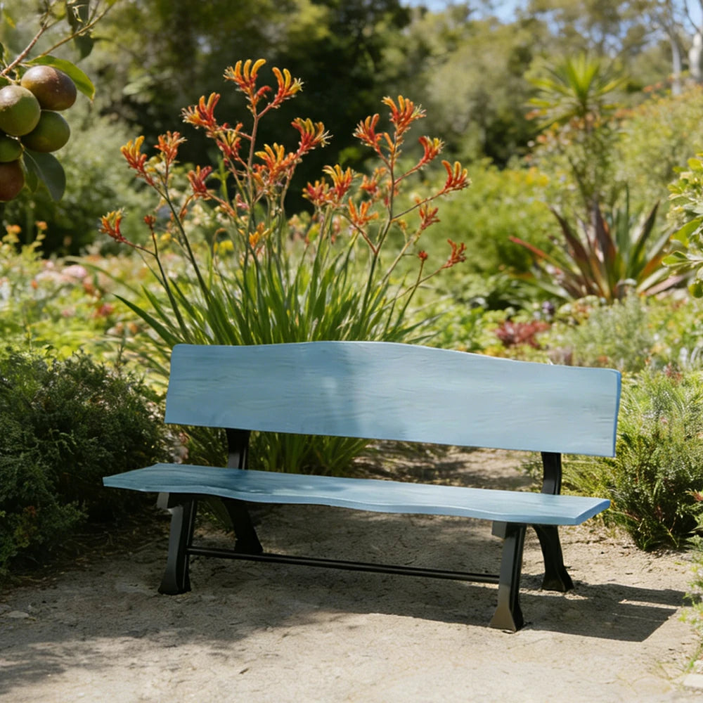 SOLARA 150/180cm Outdoor Garden Bench with Backrest - Heavy-Duty Cast Iron Frame, Galvanised Support Structure, Adjustable Anti-Slip Legs - Blue