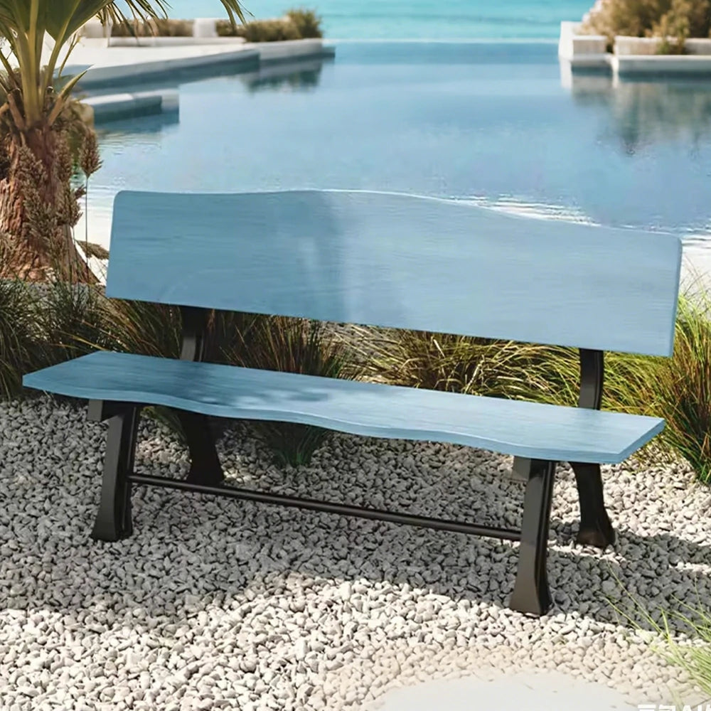 SOLARA 150/180cm Outdoor Garden Bench with Backrest - Heavy-Duty Cast Iron Frame, Galvanised Support Structure, Adjustable Anti-Slip Legs - Blue