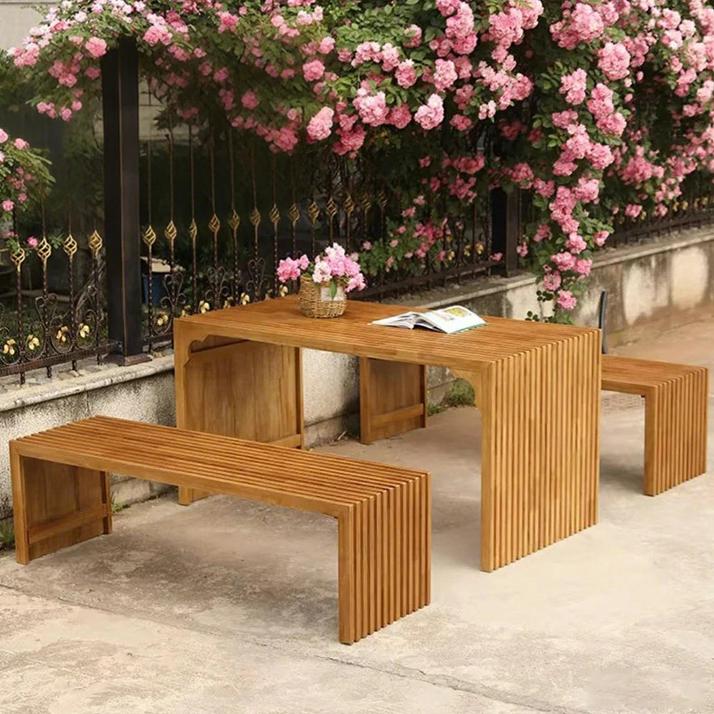 SOLARA Outdoor Timber Table - Heavy-Duty Solid Wood Construction, Weather-Protected Finish, Upgraded Slatted Design - Walnut