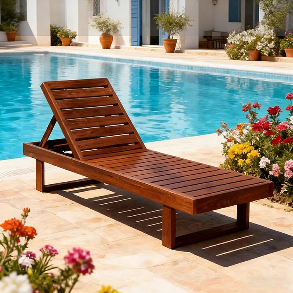 SOLARA Outdoor Reclining Sun Lounger - Multi-Position Adjustable Backrest, Premium Hardwood Construction, Weather-Resistant Finish - Brown