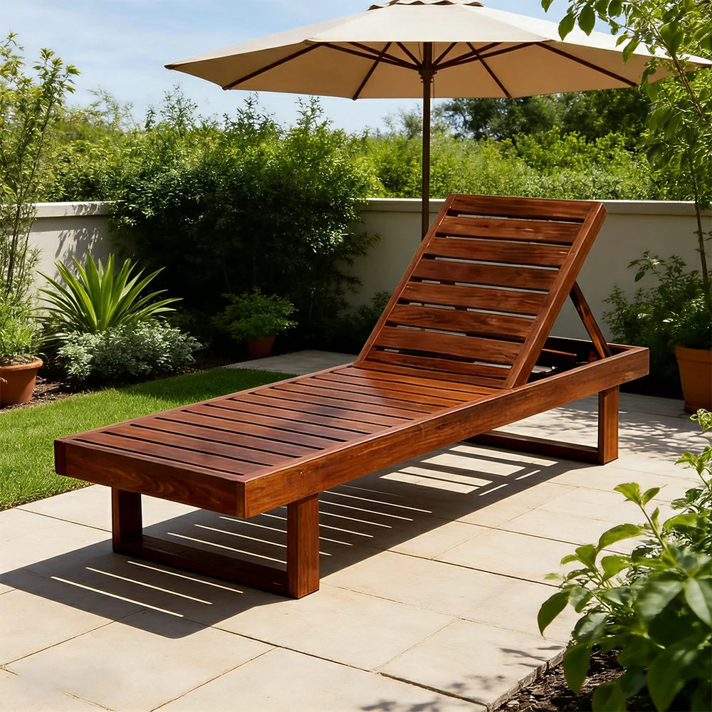 SOLARA Outdoor Reclining Sun Lounger - Multi-Position Adjustable Backrest, Premium Hardwood Construction, Weather-Resistant Finish - Brown