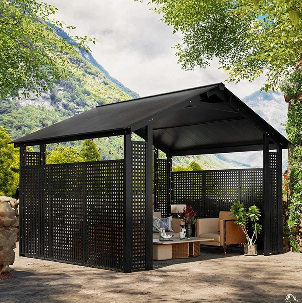 SOLARA Outdoor Pavilion - Large Heavy-Duty Gazebo with Reinforced Steel Frame & Hollow Side Panel Design - Black