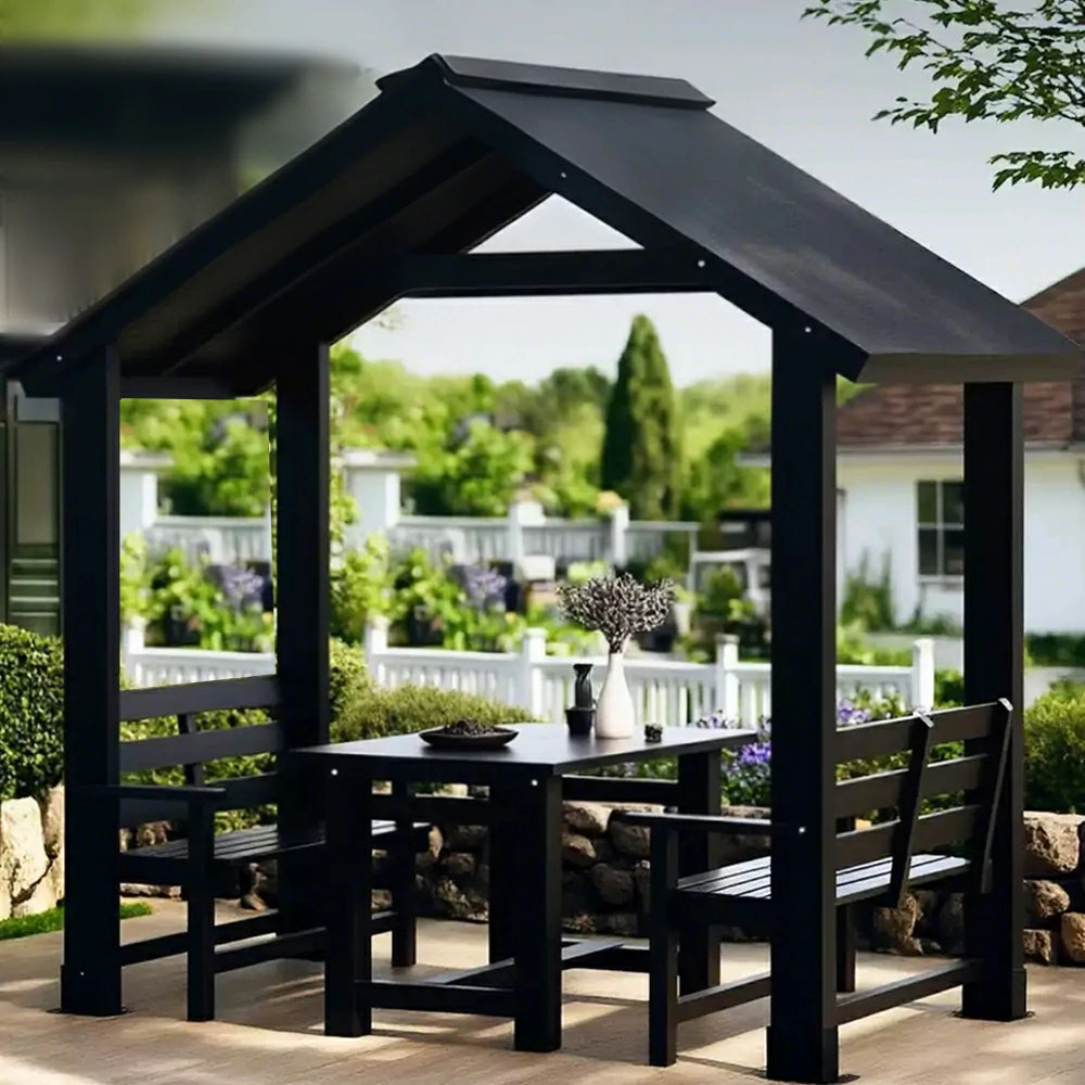 SOLARA Outdoor Pavilion - Heavy-Duty Solid Wood Frame with Double Chairs & Center Table, Durable Sunshade Canopy Garden Gazebo - Black