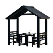 SOLARA Outdoor Pavilion - Heavy-Duty Solid Wood Frame with Double Chairs & Center Table, Durable Sunshade Canopy Garden Gazebo - Black