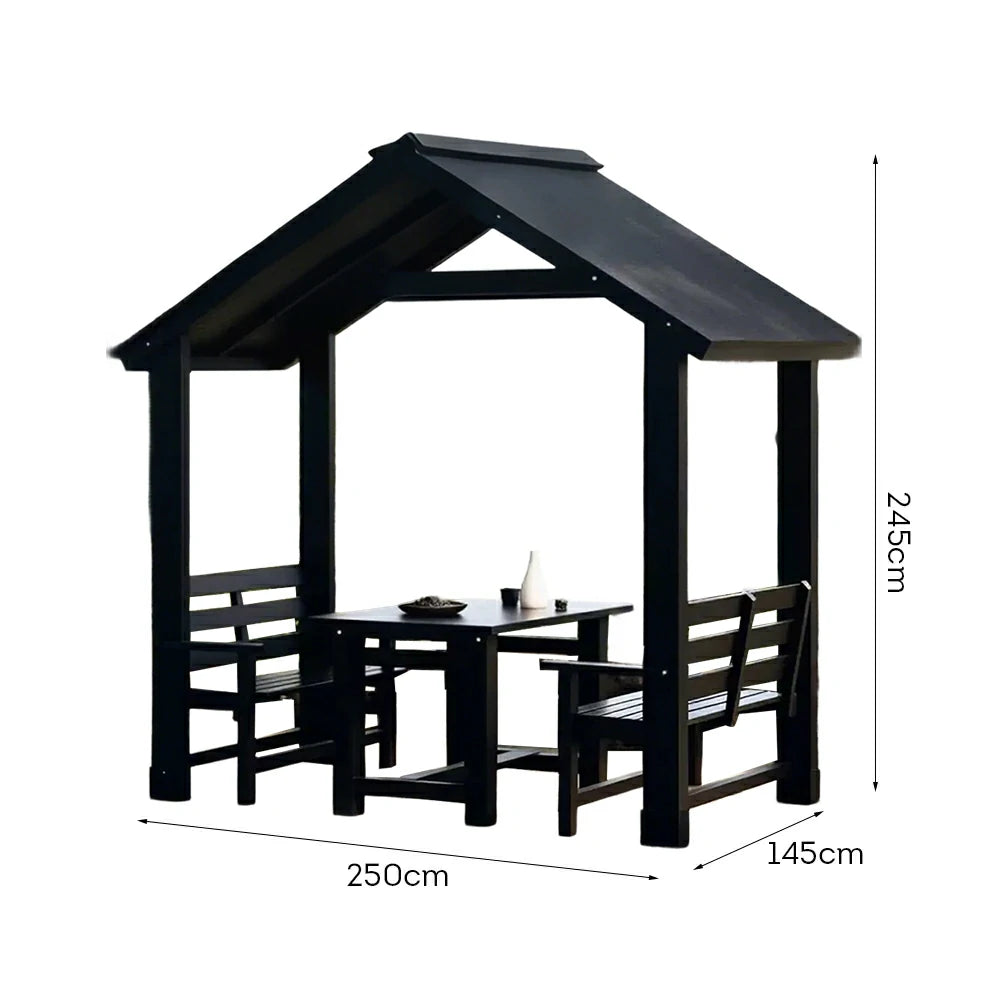 SOLARA Outdoor Pavilion - Heavy-Duty Solid Wood Frame with Double Chairs & Center Table, Durable Sunshade Canopy Garden Gazebo - Black