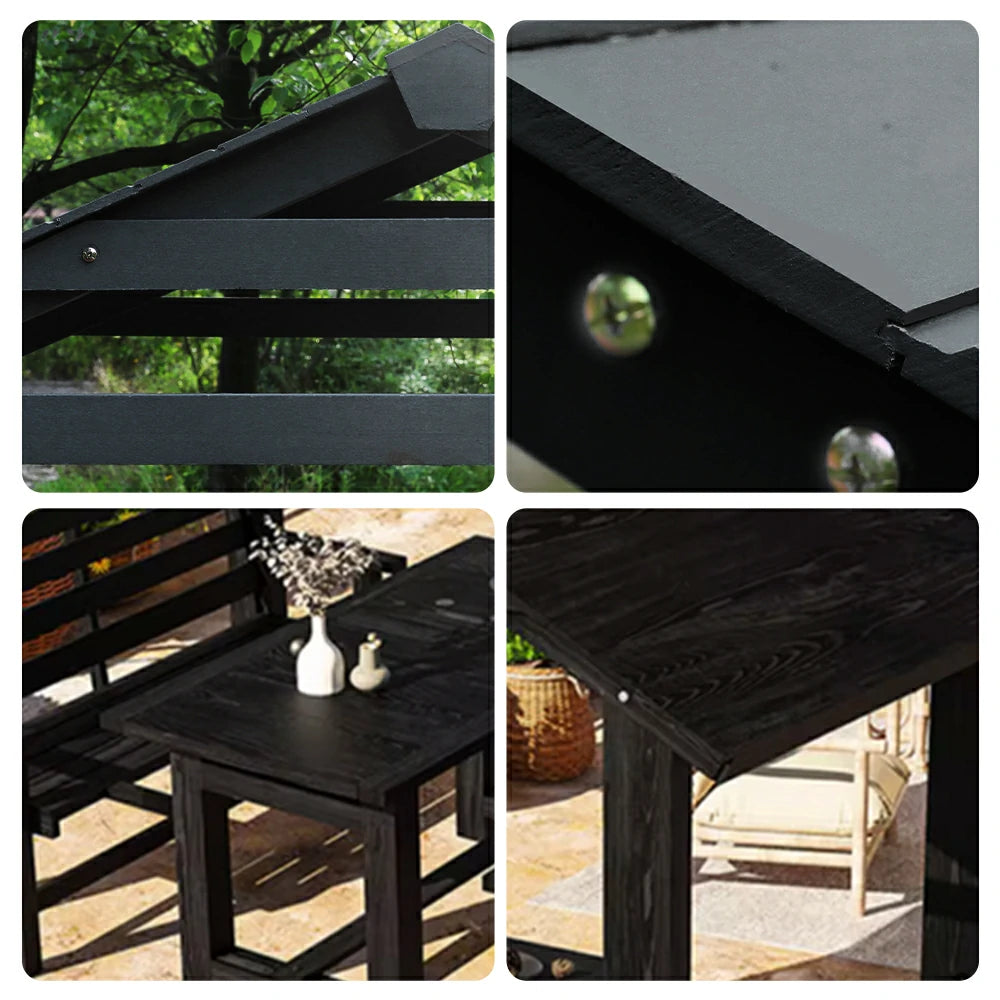 SOLARA Outdoor Pavilion - Heavy-Duty Solid Wood Frame with Double Chairs & Center Table, Durable Sunshade Canopy Garden Gazebo - Black