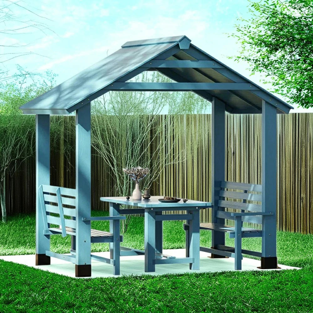 SOLARA Outdoor Pavilion - Heavy-Duty Solid Wood Frame with Double Chairs & Center Table, Durable Sunshade Canopy Garden Gazebo - Blue