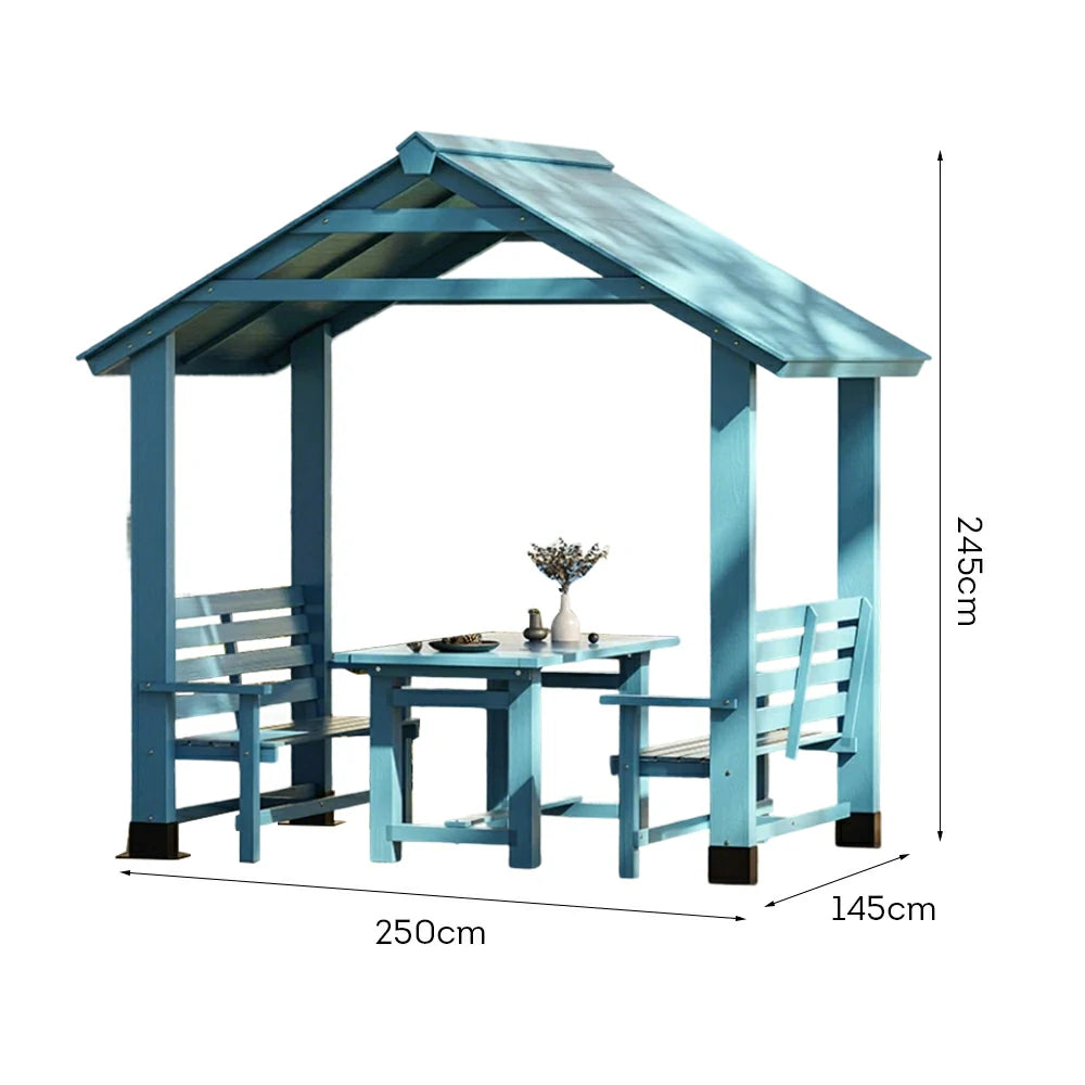 SOLARA Outdoor Pavilion - Heavy-Duty Solid Wood Frame with Double Chairs & Center Table, Durable Sunshade Canopy Garden Gazebo - Blue