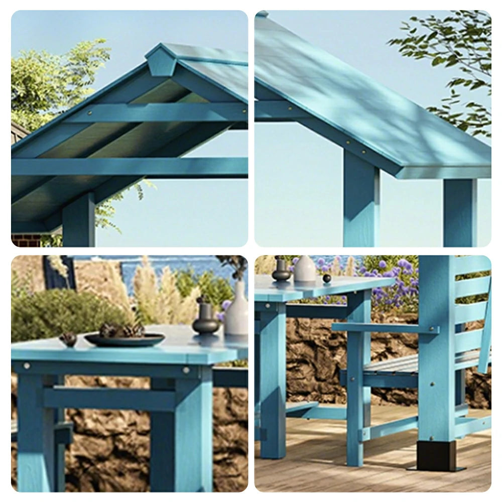 SOLARA Outdoor Pavilion - Heavy-Duty Solid Wood Frame with Double Chairs & Center Table, Durable Sunshade Canopy Garden Gazebo - Blue